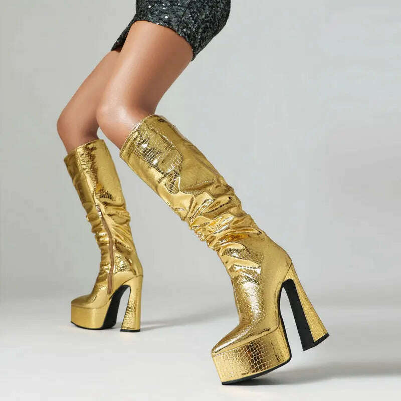 KIMLUD, 2023 Fashion Women Knee High Boots Pu Leather Square High Heel Platform Boots Autumn Winter Ladies Shoes Gold Silver Black White, KIMLUD Womens Clothes