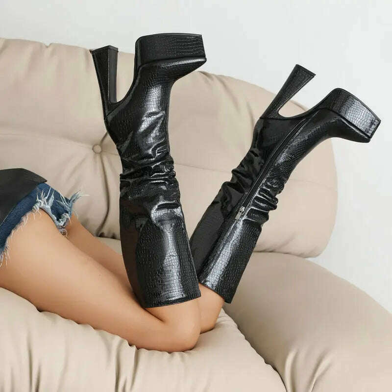 KIMLUD, 2023 Fashion Women Knee High Boots Pu Leather Square High Heel Platform Boots Autumn Winter Ladies Shoes Gold Silver Black White, KIMLUD Womens Clothes