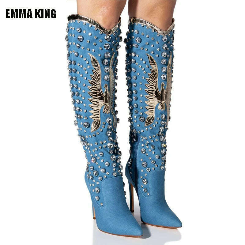 KIMLUD, 2023 Fashion Women's Knee High Boots With Rivets Stiletto Heel Pointed Toe Thin High Heel Long Boots Stage Shoes Large Size 44, KIMLUD Womens Clothes