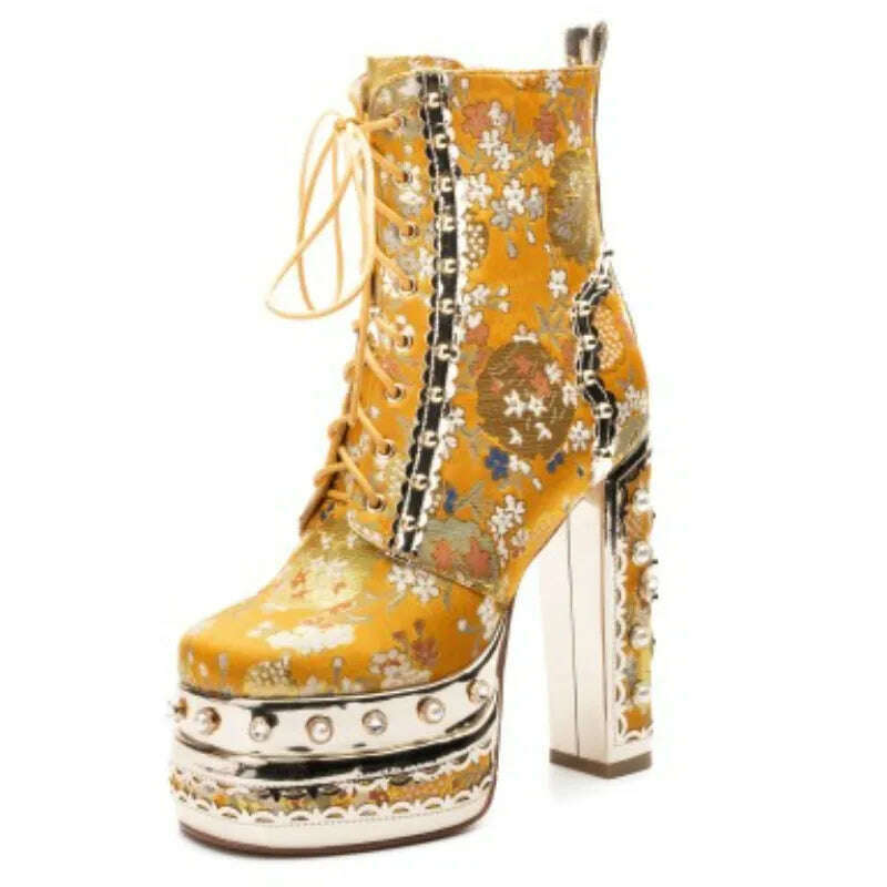 KIMLUD, 2023 Handmade black white color matching short boots Thick heel round head 14cm leather fashion boots size 34-43 Women's Shoes, MYXY-1219-yellow / 34, KIMLUD Womens Clothes