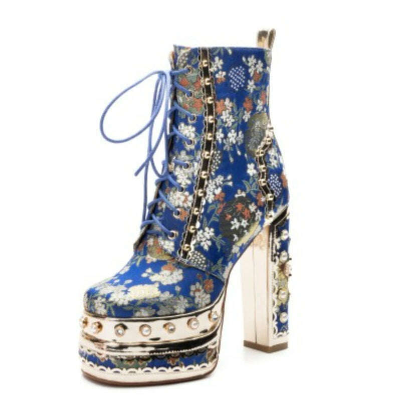 KIMLUD, 2023 Handmade black white color matching short boots Thick heel round head 14cm leather fashion boots size 34-43 Women's Shoes, MYXY-1219-blue / 34, KIMLUD Womens Clothes