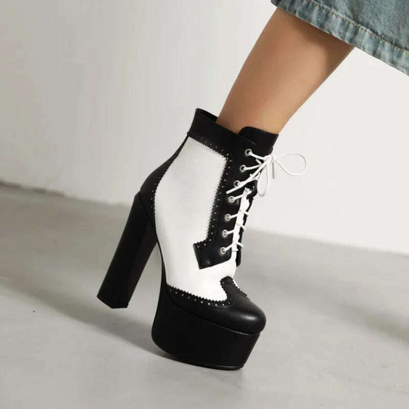 KIMLUD, 2023 Handmade black white color matching short boots Thick heel round head 14cm leather fashion boots size 34-43 Women's Shoes, KIMLUD Womens Clothes