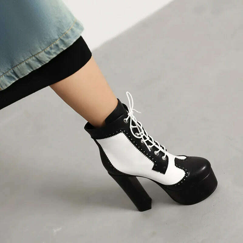 KIMLUD, 2023 Handmade black white color matching short boots Thick heel round head 14cm leather fashion boots size 34-43 Women's Shoes, KIMLUD Womens Clothes