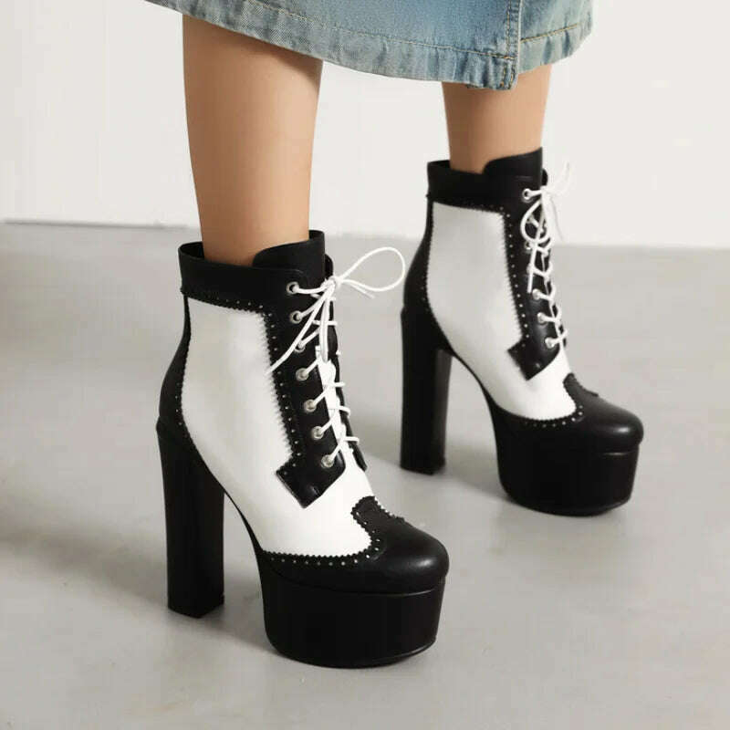 KIMLUD, 2023 Handmade black white color matching short boots Thick heel round head 14cm leather fashion boots size 34-43 Women's Shoes, KIMLUD Womens Clothes