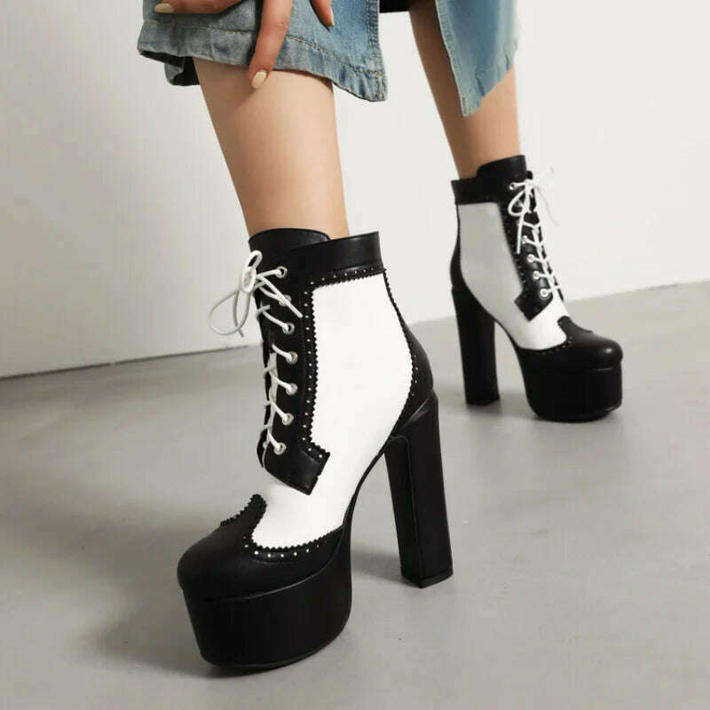 KIMLUD, 2023 Handmade black white color matching short boots Thick heel round head 14cm leather fashion boots size 34-43 Women's Shoes, KIMLUD Womens Clothes