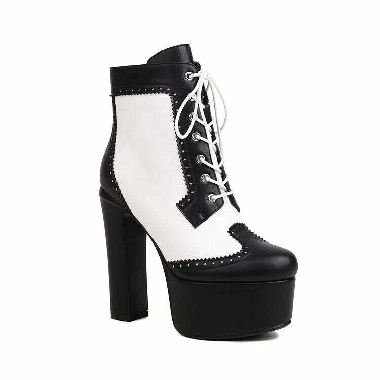 KIMLUD, 2023 Handmade black white color matching short boots Thick heel round head 14cm leather fashion boots size 34-43 Women's Shoes, KIMLUD Womens Clothes