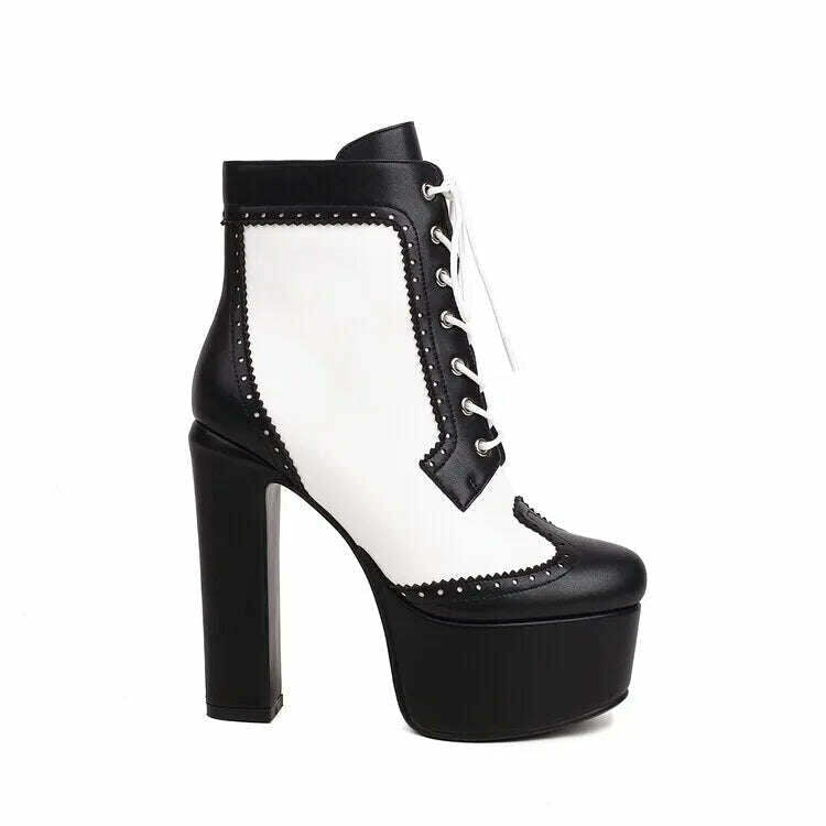 KIMLUD, 2023 Handmade black white color matching short boots Thick heel round head 14cm leather fashion boots size 34-43 Women's Shoes, KIMLUD Womens Clothes