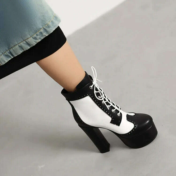 KIMLUD, 2023 Handmade black white color matching short boots Thick heel round head 14cm leather fashion boots size 34-43 Women's Shoes, KIMLUD Womens Clothes