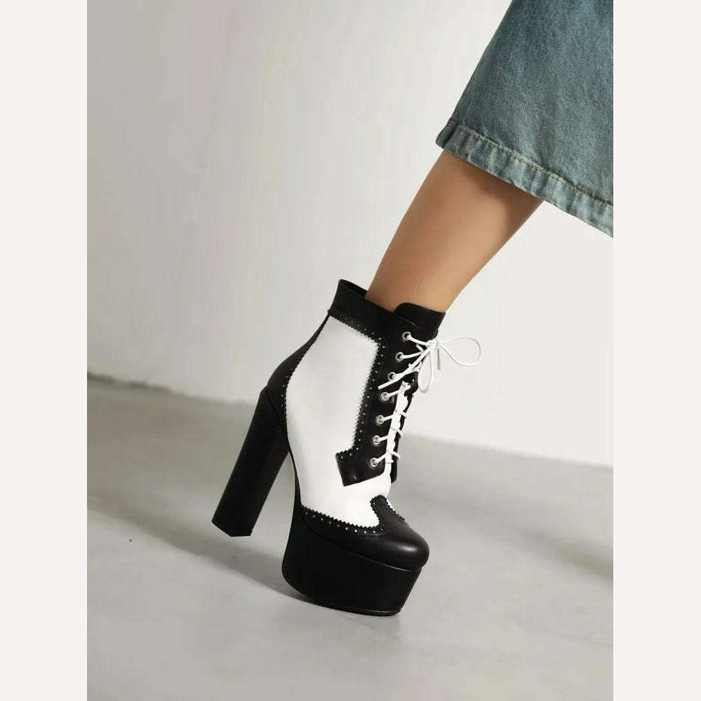 KIMLUD, 2023 Handmade black white color matching short boots Thick heel round head 14cm leather fashion boots size 34-43 Women's Shoes, KIMLUD Womens Clothes