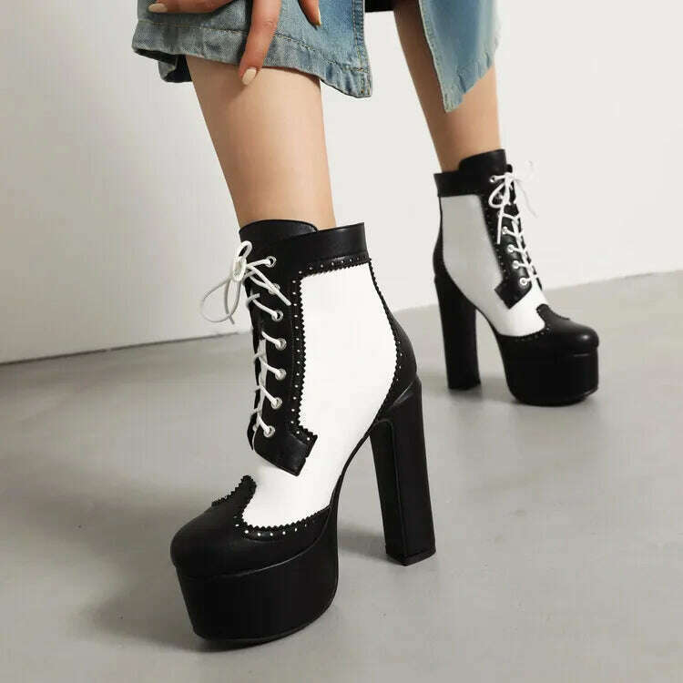 KIMLUD, 2023 Handmade black white color matching short boots Thick heel round head 14cm leather fashion boots size 34-43 Women's Shoes, KIMLUD Womens Clothes
