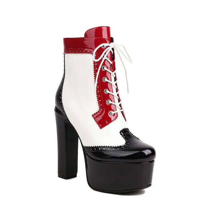 KIMLUD, 2023 Handmade black white color matching short boots Thick heel round head 14cm leather fashion boots size 34-43 Women's Shoes, KIMLUD Womens Clothes