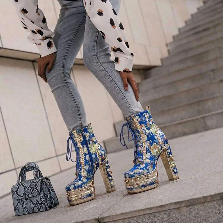 KIMLUD, 2023 Handmade black white color matching short boots Thick heel round head 14cm leather fashion boots size 34-43 Women's Shoes, KIMLUD Womens Clothes