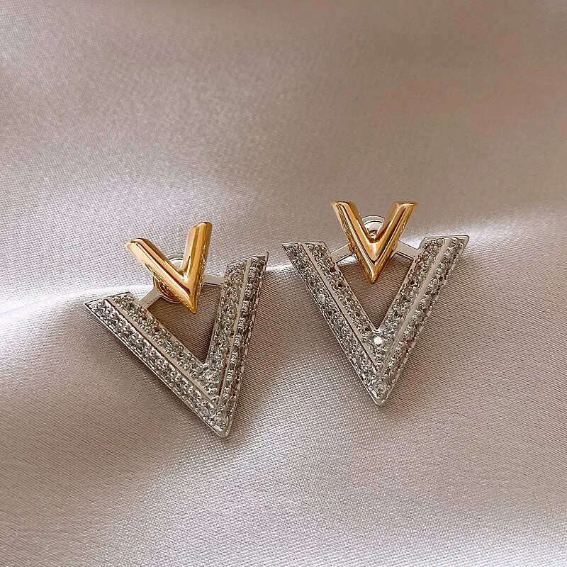 KIMLUD, 2023 Korea new design fashion jewelry 14K gold plated luxury zircon letter V earrings elegant women's evening party accessories, KIMLUD Womens ClothesKIMLUD, 2023 Korea new design fashion jewelry 14K gold plated luxury zircon letter V earrings elegant women's evening party accessories, Silver Plated, KIMLUD APPAREL - Womens Clothes