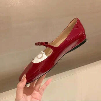 KIMLUD, 2023 Luxury Bowtie Mary Janes Women Square Toe Shiny Leather&Silk Flats Ballets Femmes Red Dance Party Ball Bridal Wedding Shoes, Red Japanned / 4.5, KIMLUD Womens Clothes