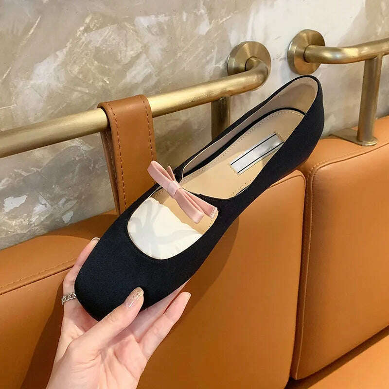 KIMLUD, 2023 Luxury Bowtie Mary Janes Women Square Toe Shiny Leather&Silk Flats Ballets Femmes Red Dance Party Ball Bridal Wedding Shoes, KIMLUD Womens Clothes