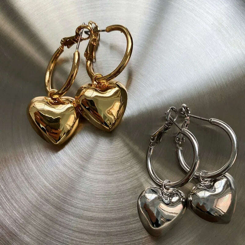 KIMLUD, 2023 Metal Love Earrings Goth Retro Aesthetic Exaggerated Metal Heart Hoop Earring For Punk girl Y2K Jewelry Accessories, KIMLUD Womens Clothes