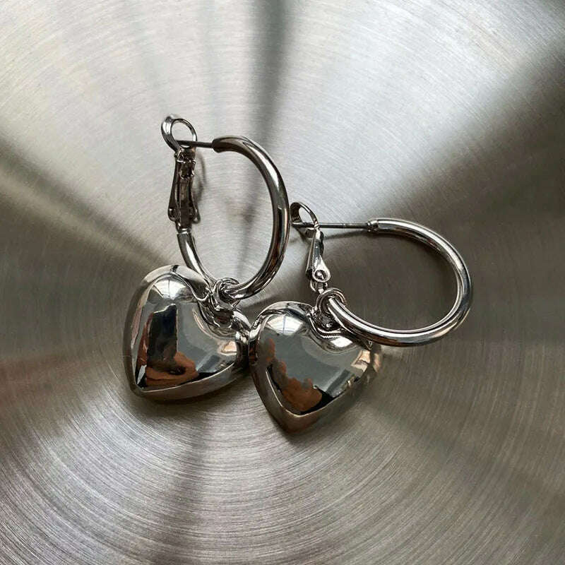 KIMLUD, 2023 Metal Love Earrings Goth Retro Aesthetic Exaggerated Metal Heart Hoop Earring For Punk girl Y2K Jewelry Accessories, KIMLUD Womens Clothes