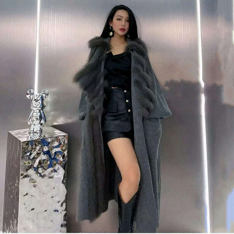 KIMLUD, 2023 New Arrival Plus Size Women Knitted Fox Fur Long Coat Long Sleeve 5XL Knitted Sweater With Big Fox Fur collar, KIMLUD Womens ClothesKIMLUD, 2023 New Arrival Plus Size Women Knitted Fox Fur Long Coat Long Sleeve 5XL Knitted Sweater With Big Fox Fur collar, Dark Grey / Chest 130cm, KIMLUD APPAREL - Womens Clothes