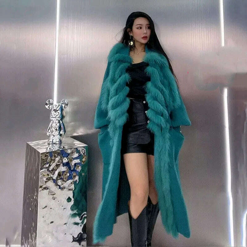 KIMLUD, 2023 New Arrival Plus Size Women Knitted Fox Fur Long Coat Long Sleeve 5XL Knitted Sweater With Big Fox Fur collar, KIMLUD Womens ClothesKIMLUD, 2023 New Arrival Plus Size Women Knitted Fox Fur Long Coat Long Sleeve 5XL Knitted Sweater With Big Fox Fur collar, Army Green / Chest 130cm, KIMLUD APPAREL - Womens Clothes