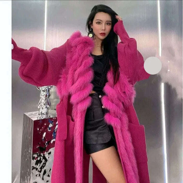 KIMLUD, 2023 New Arrival Plus Size Women Knitted Fox Fur Long Coat Long Sleeve 5XL Knitted Sweater With Big Fox Fur collar, Fuchsia / Chest 130cm, KIMLUD Womens Clothes