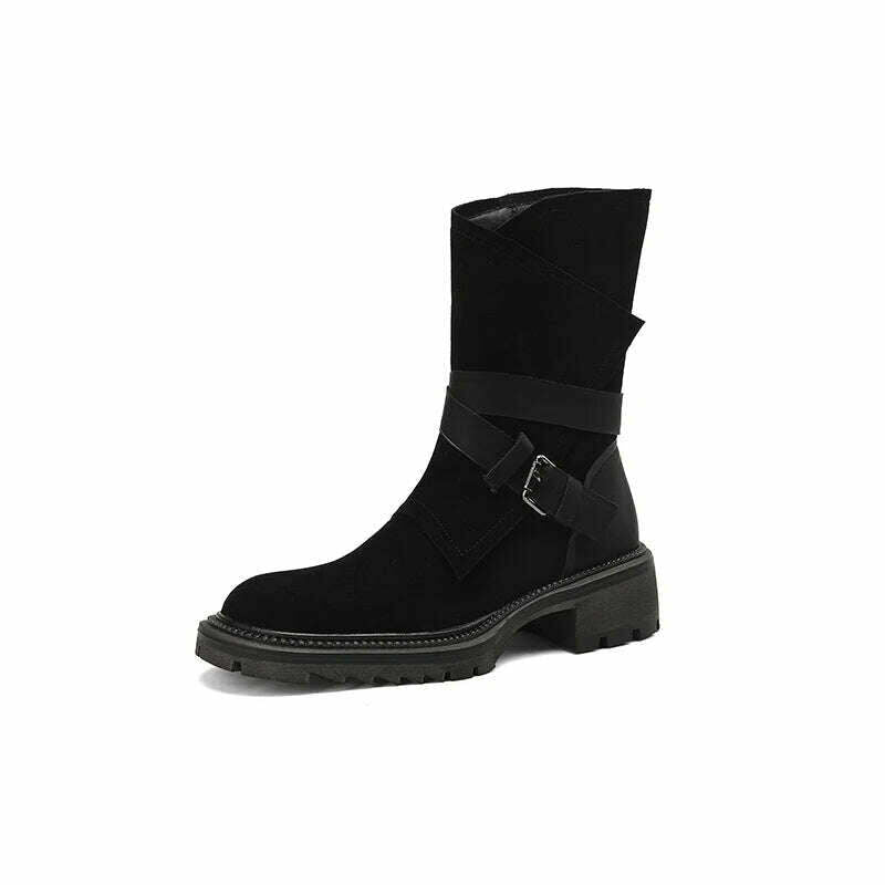 KIMLUD, 2023 new Autumn winter Women ankle boots natural leather 22-24.5cm cow suede modern boots belt buckle side zip short boots, black-single / 34, KIMLUD Womens Clothes