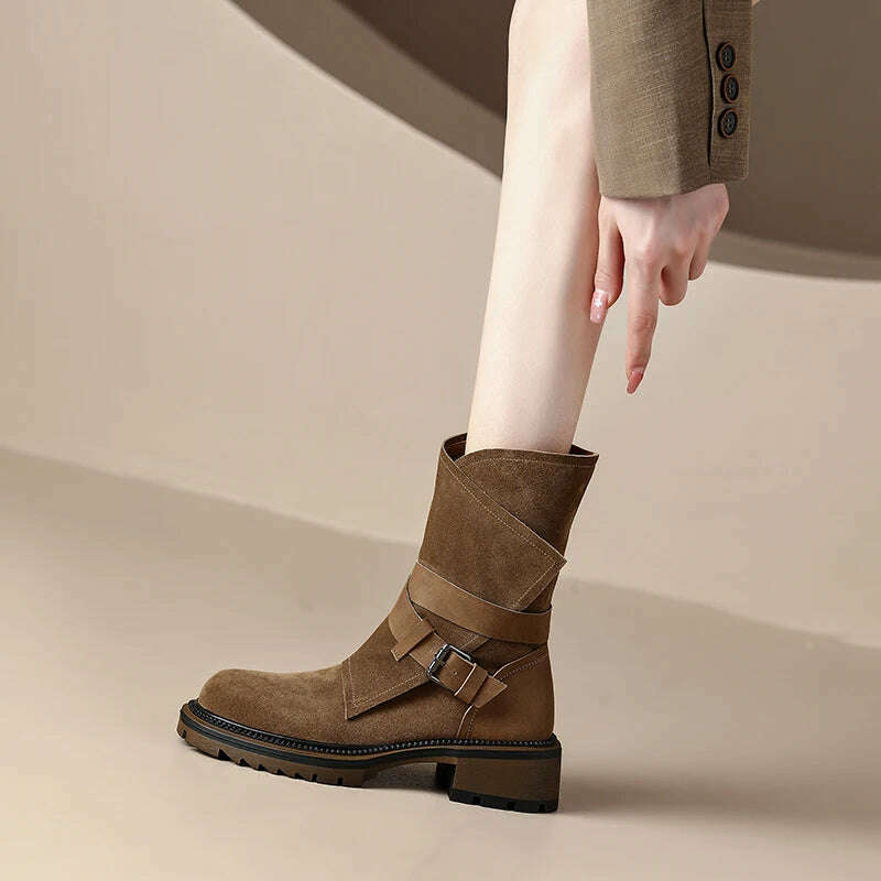 KIMLUD, 2023 new Autumn winter Women ankle boots natural leather 22-24.5cm cow suede modern boots belt buckle side zip short boots, KIMLUD Womens Clothes