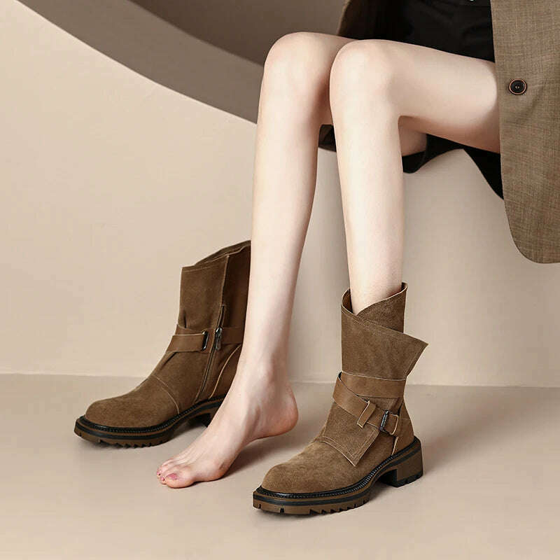 KIMLUD, 2023 new Autumn winter Women ankle boots natural leather 22-24.5cm cow suede modern boots belt buckle side zip short boots, KIMLUD Womens Clothes