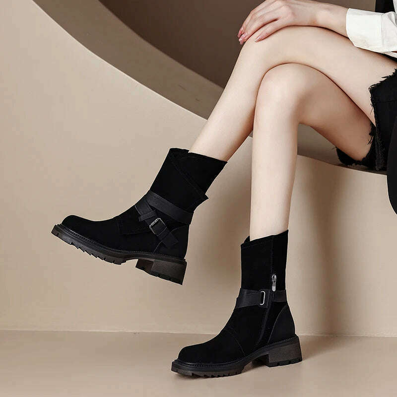 KIMLUD, 2023 new Autumn winter Women ankle boots natural leather 22-24.5cm cow suede modern boots belt buckle side zip short boots, KIMLUD Womens Clothes