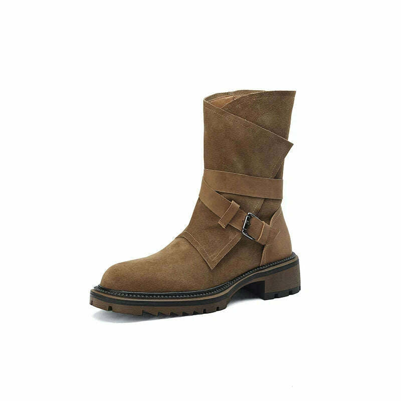 KIMLUD, 2023 new Autumn winter Women ankle boots natural leather 22-24.5cm cow suede modern boots belt buckle side zip short boots, KIMLUD Womens Clothes