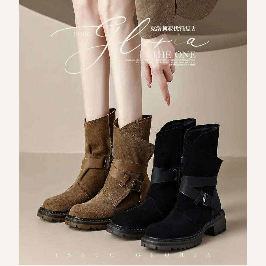 KIMLUD, 2023 new Autumn winter Women ankle boots natural leather 22-24.5cm cow suede modern boots belt buckle side zip short boots, KIMLUD Womens Clothes