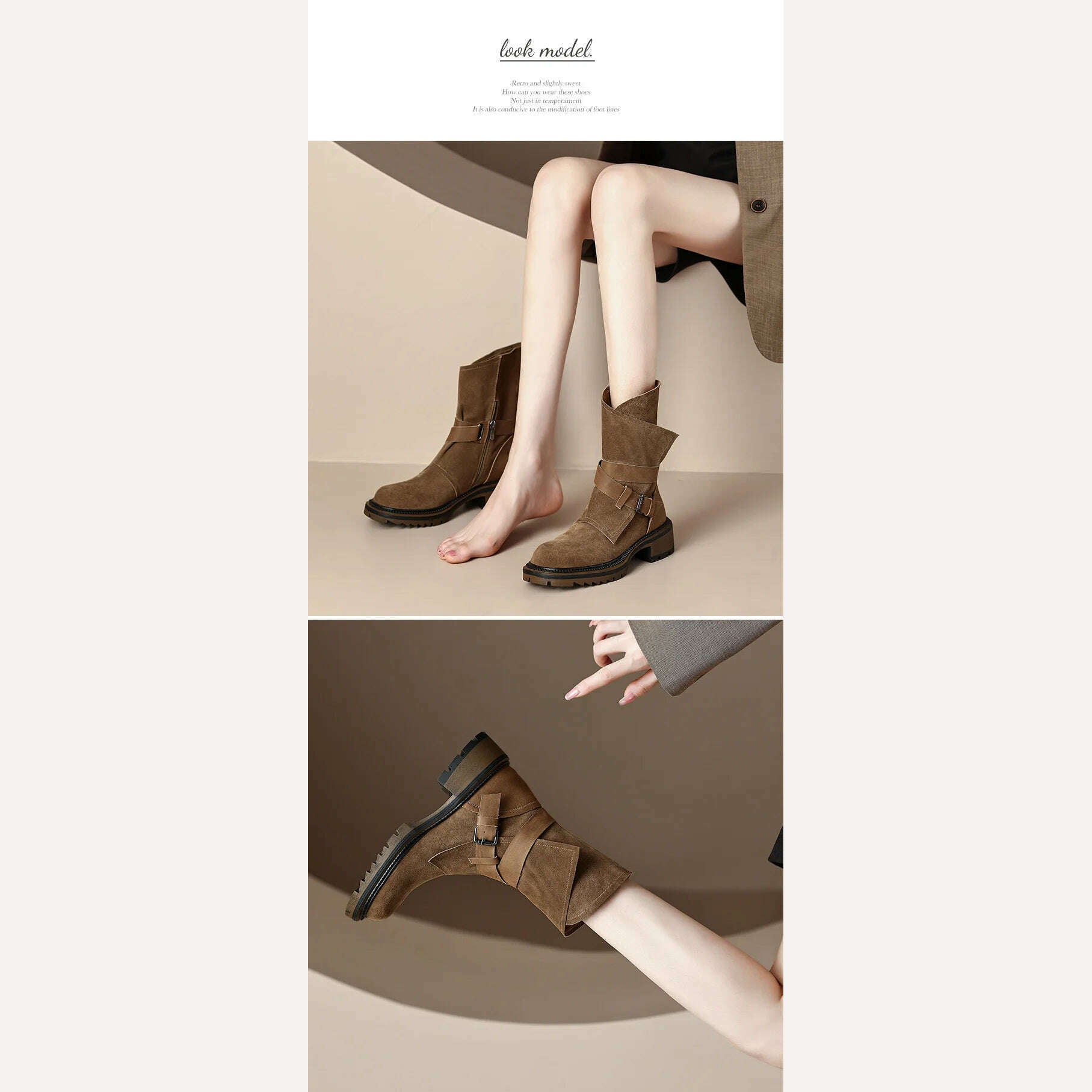 KIMLUD, 2023 new Autumn winter Women ankle boots natural leather 22-24.5cm cow suede modern boots belt buckle side zip short boots, KIMLUD Womens Clothes