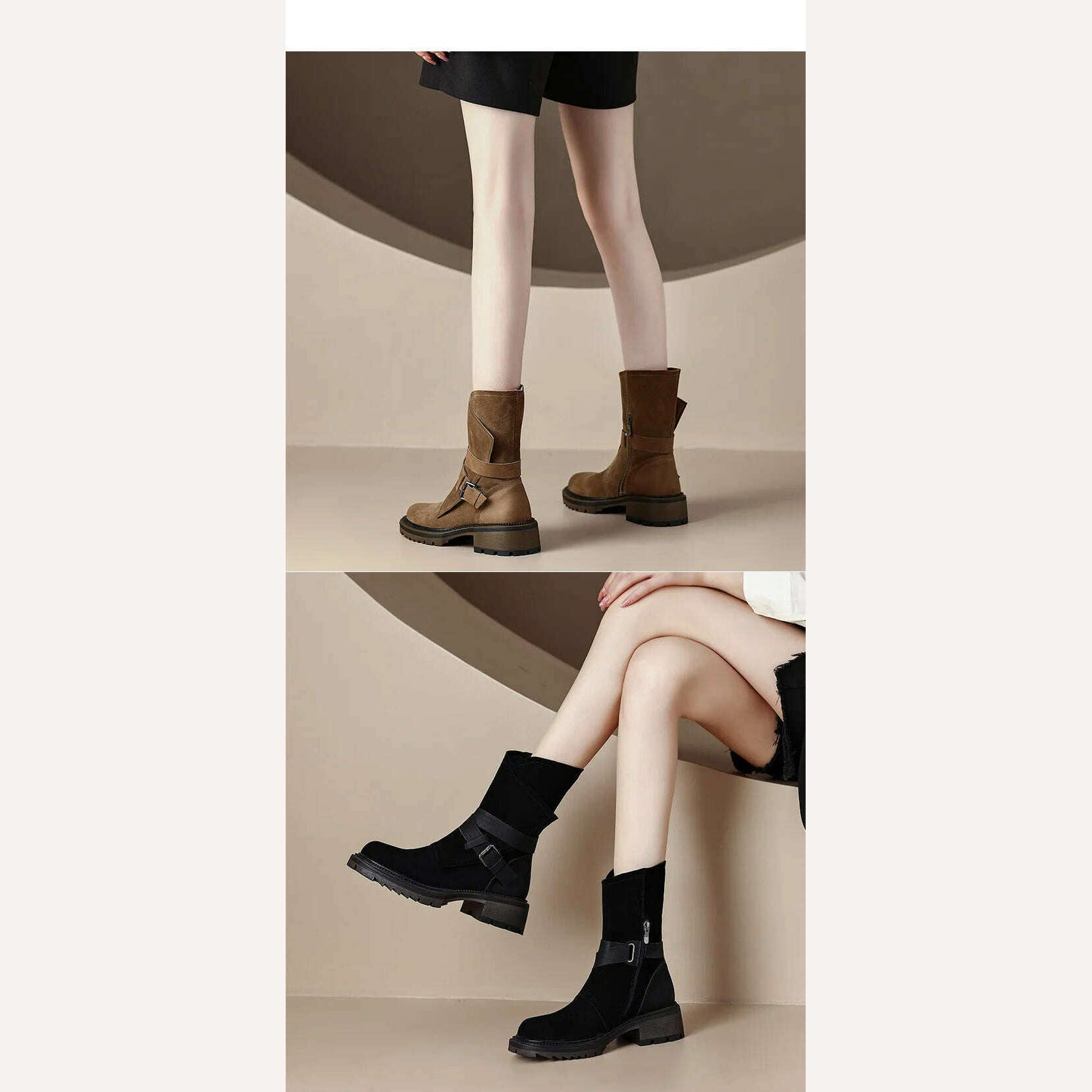 KIMLUD, 2023 new Autumn winter Women ankle boots natural leather 22-24.5cm cow suede modern boots belt buckle side zip short boots, KIMLUD Womens Clothes
