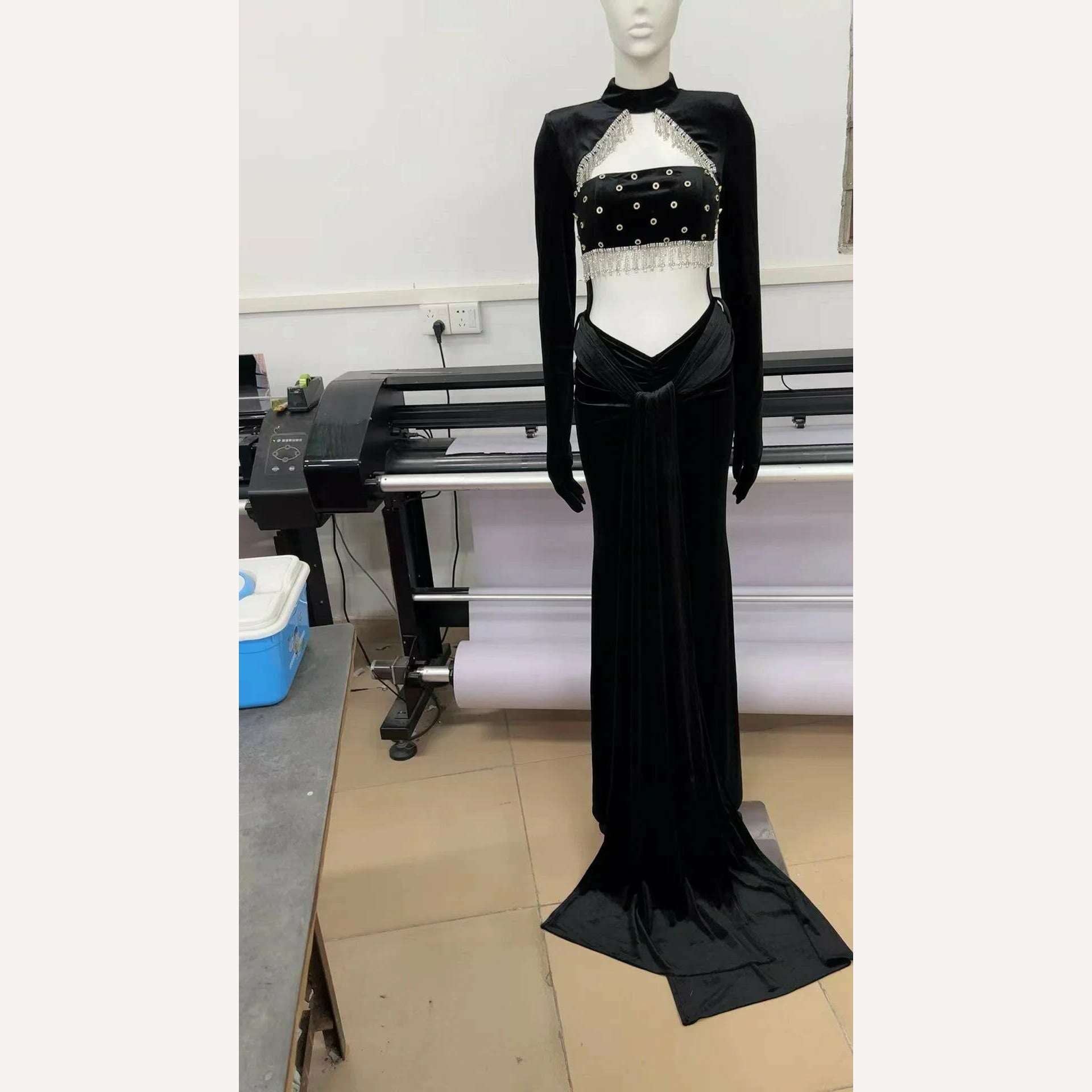 KIMLUD, 2023 New Black Color Women Long Sleeve Sexy Bodycon Floor-Length Dress Fashion Beading Elegant Evening Party Dress, KIMLUD Womens Clothes