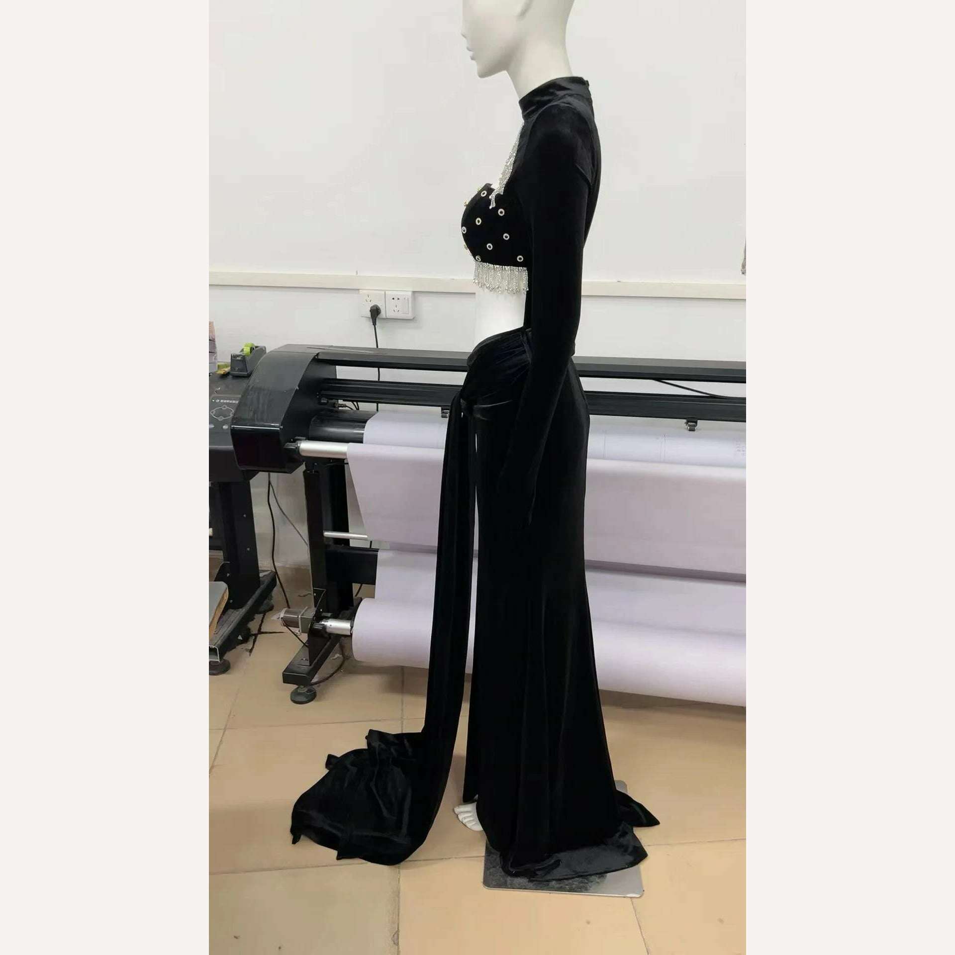 KIMLUD, 2023 New Black Color Women Long Sleeve Sexy Bodycon Floor-Length Dress Fashion Beading Elegant Evening Party Dress, KIMLUD Womens Clothes