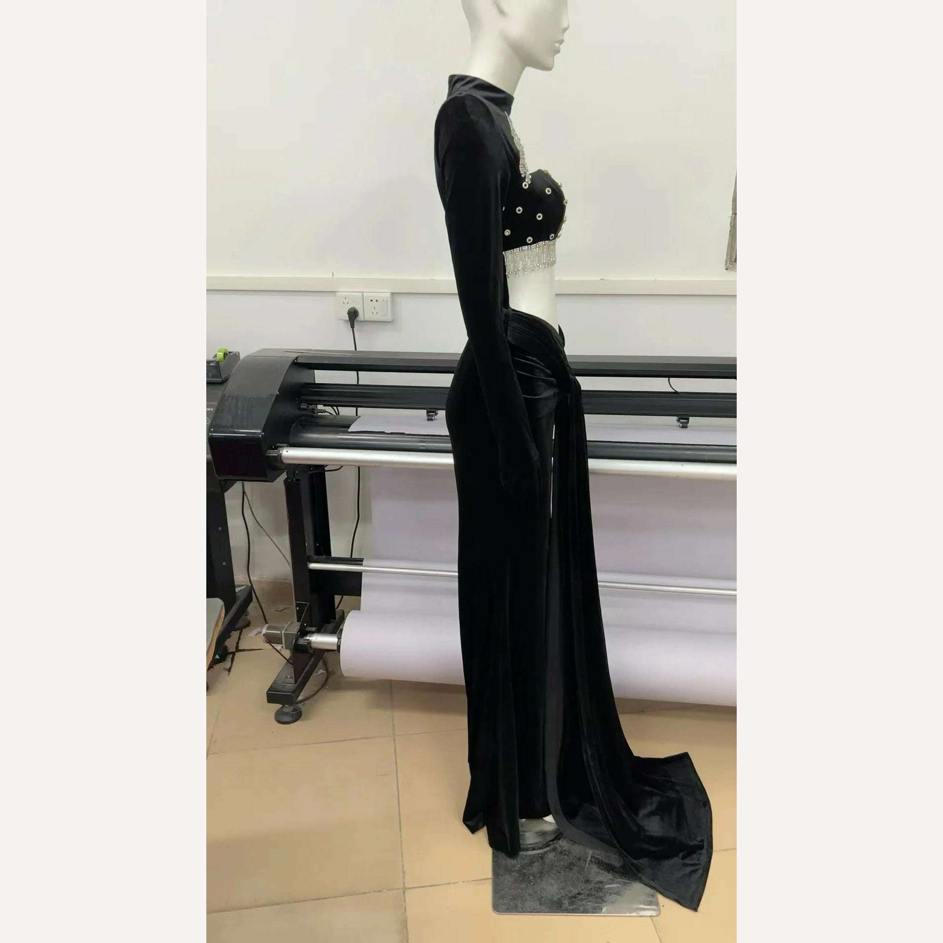 KIMLUD, 2023 New Black Color Women Long Sleeve Sexy Bodycon Floor-Length Dress Fashion Beading Elegant Evening Party Dress, KIMLUD Womens Clothes