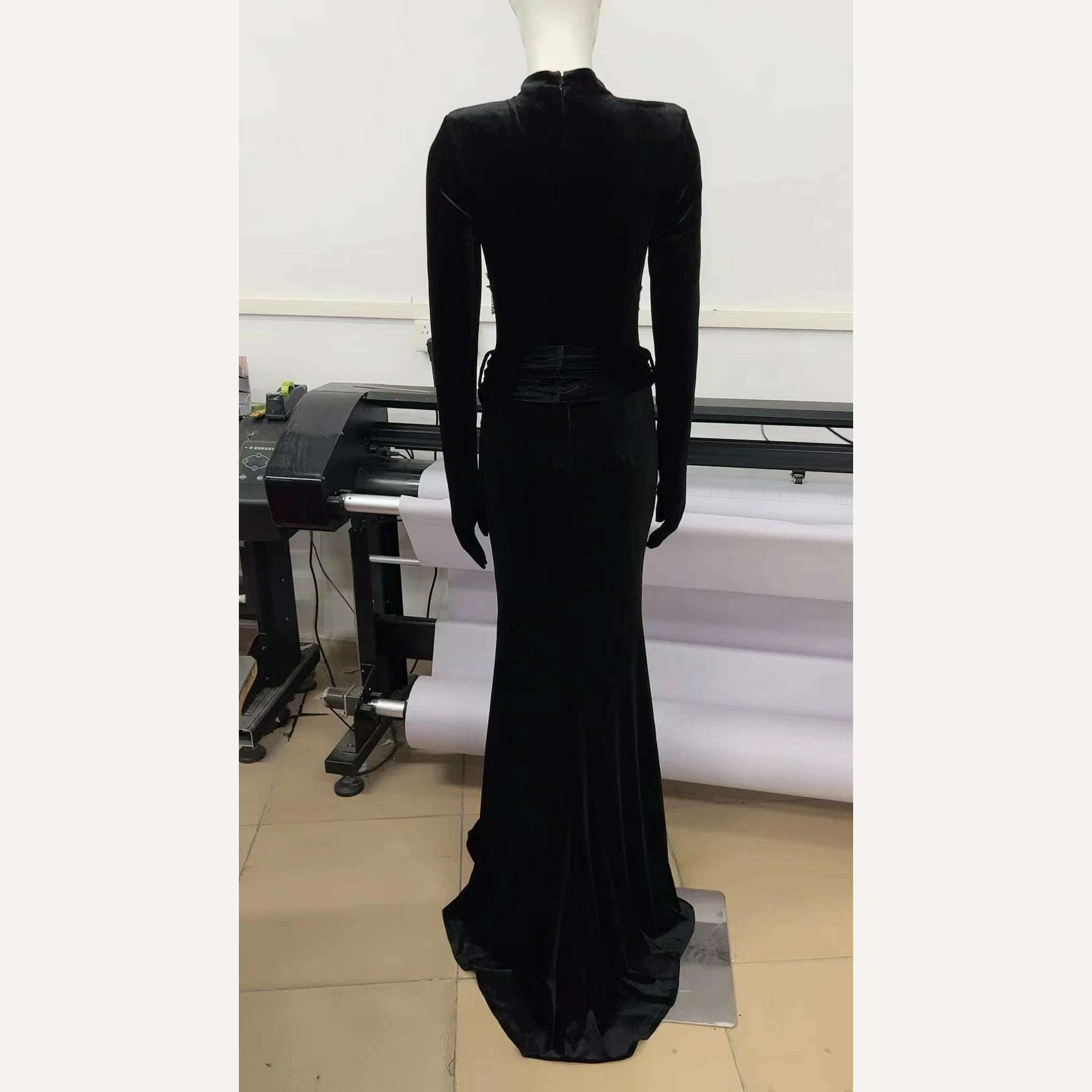 KIMLUD, 2023 New Black Color Women Long Sleeve Sexy Bodycon Floor-Length Dress Fashion Beading Elegant Evening Party Dress, KIMLUD Womens Clothes