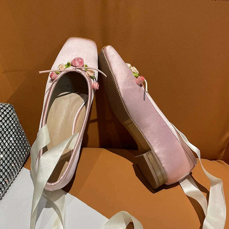 KIMLUD, 2023 NEW Classic Silk Ballet Shoes Ribbon Lace Up Ballet Shoes Women Square Toe Rose Flower Elegant Valentine Flats Pink Apricot, KIMLUD Womens Clothes