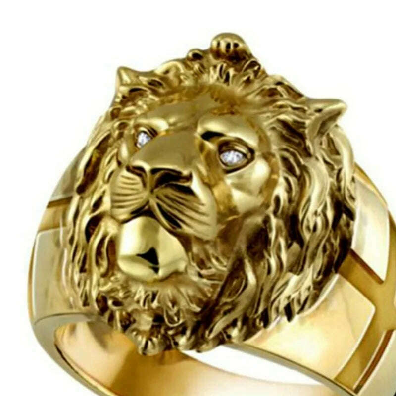 KIMLUD, 2023 New Golden Lion Head Ring Stainless Steel Cool Boy Band Party Lion Domineering Men's Golden Head Unisex Jewelry Wholesale, KIMLUD Womens Clothes