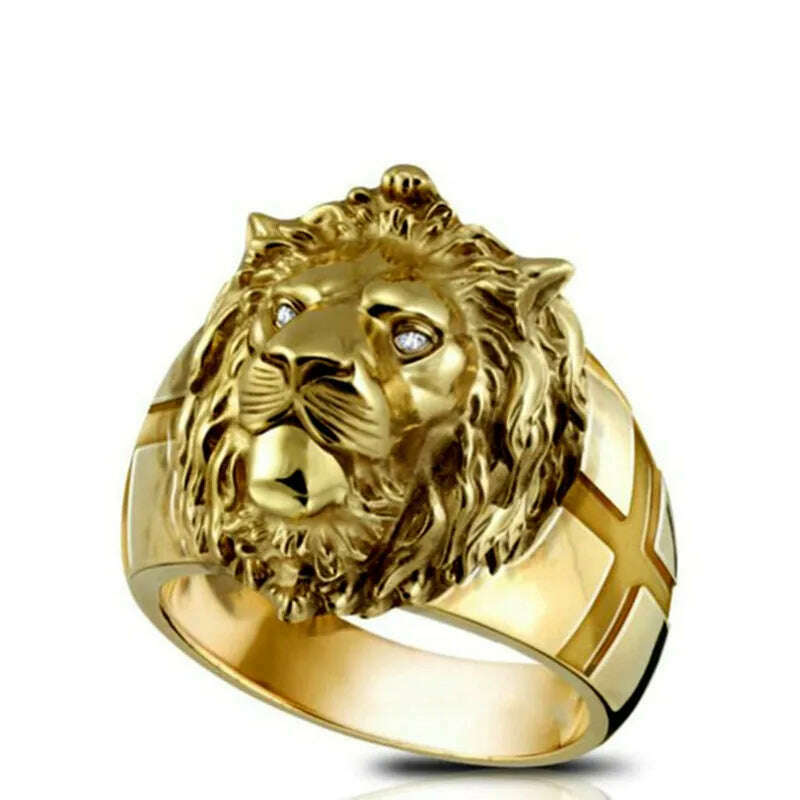 KIMLUD, 2023 New Golden Lion Head Ring Stainless Steel Cool Boy Band Party Lion Domineering Men's Golden Head Unisex Jewelry Wholesale, KIMLUD Womens Clothes