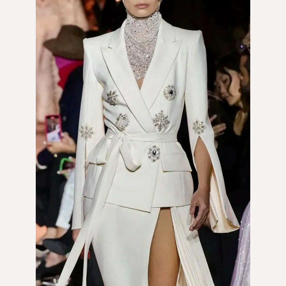 KIMLUD, 2023 New Luxury Designer Elegant Autumn Coat Women's Sexy V-neck Long Sleeve Crystal Diamond Belt White Jackets Suit, White / S, KIMLUD Womens Clothes