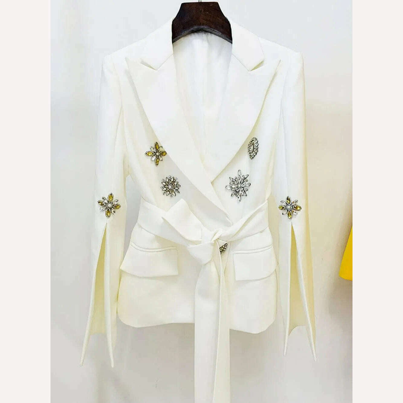 KIMLUD, 2023 New Luxury Designer Elegant Autumn Coat Women's Sexy V-neck Long Sleeve Crystal Diamond Belt White Jackets Suit, KIMLUD Womens Clothes