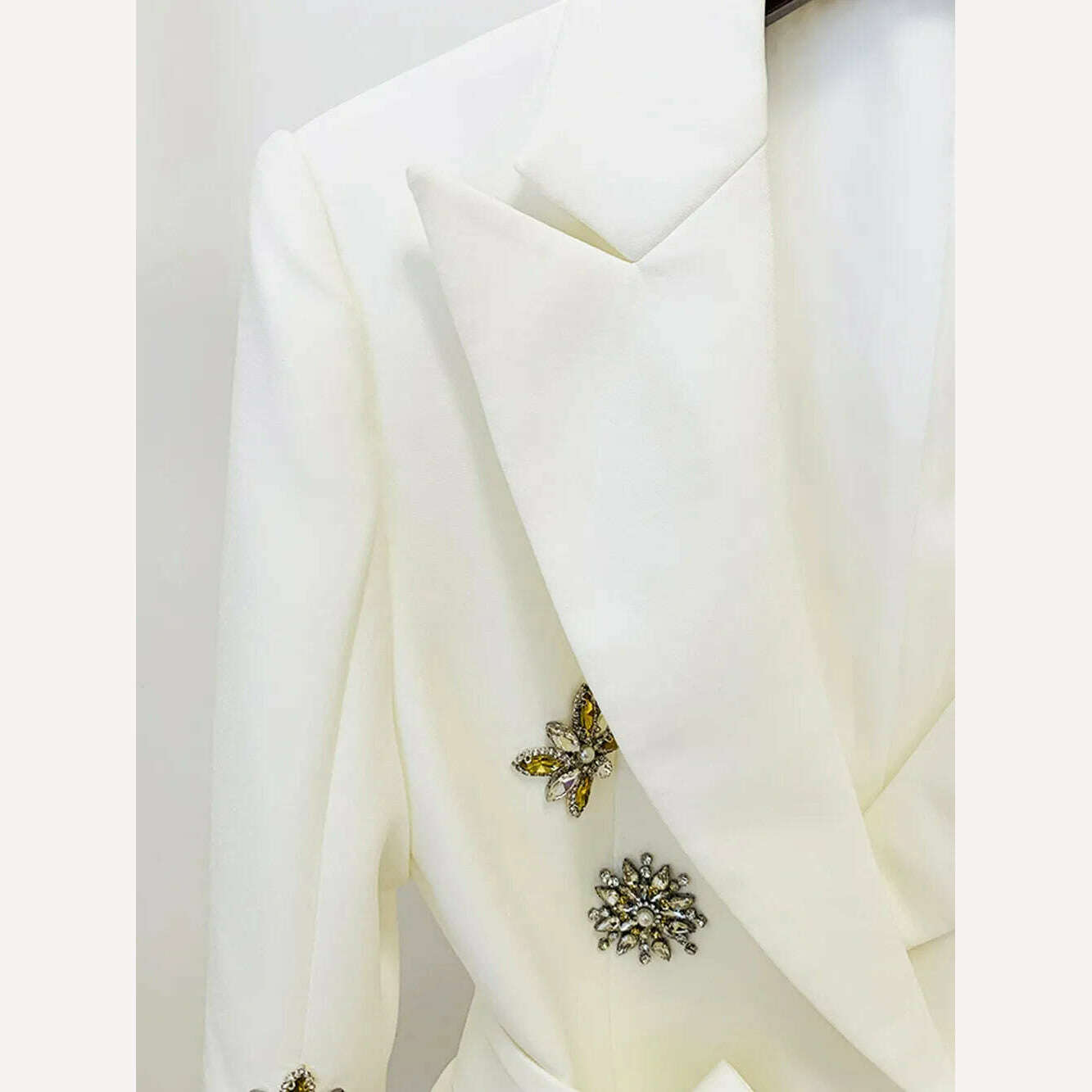 KIMLUD, 2023 New Luxury Designer Elegant Autumn Coat Women's Sexy V-neck Long Sleeve Crystal Diamond Belt White Jackets Suit, KIMLUD Womens Clothes