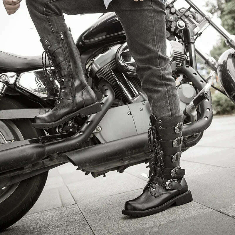 KIMLUD, 2023 new men's leather motorcycle boots military boots gothic belt punk boots men's shoes outdoor tactical military boots, Black / 37, KIMLUD Womens Clothes