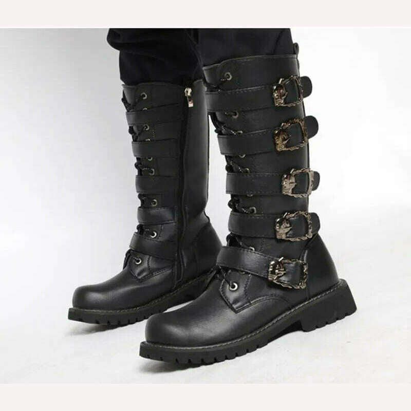 KIMLUD, 2023 new men's leather motorcycle boots military boots gothic belt punk boots men's shoes outdoor tactical military boots, KIMLUD Womens Clothes