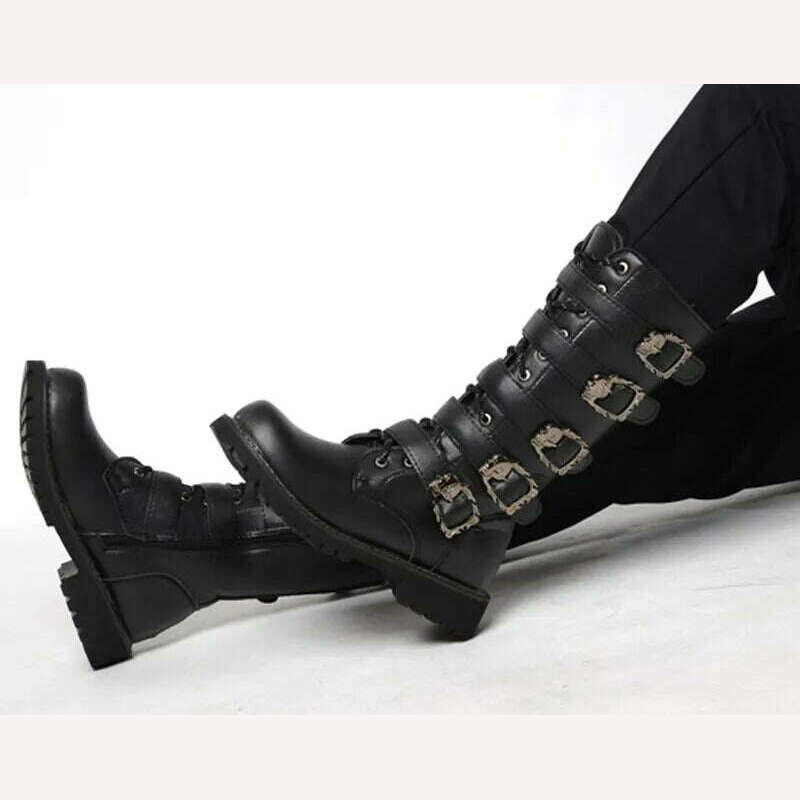 KIMLUD, 2023 new men's leather motorcycle boots military boots gothic belt punk boots men's shoes outdoor tactical military boots, KIMLUD Womens Clothes