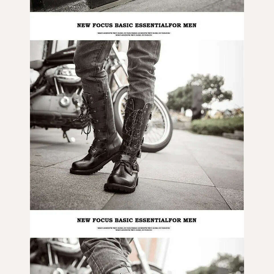 KIMLUD, 2023 new men's leather motorcycle boots military boots gothic belt punk boots men's shoes outdoor tactical military boots, KIMLUD Womens Clothes