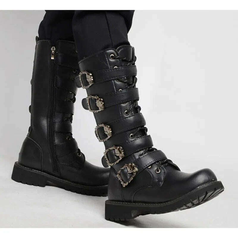 KIMLUD, 2023 new men's leather motorcycle boots military boots gothic belt punk boots men's shoes outdoor tactical military boots, KIMLUD Womens Clothes