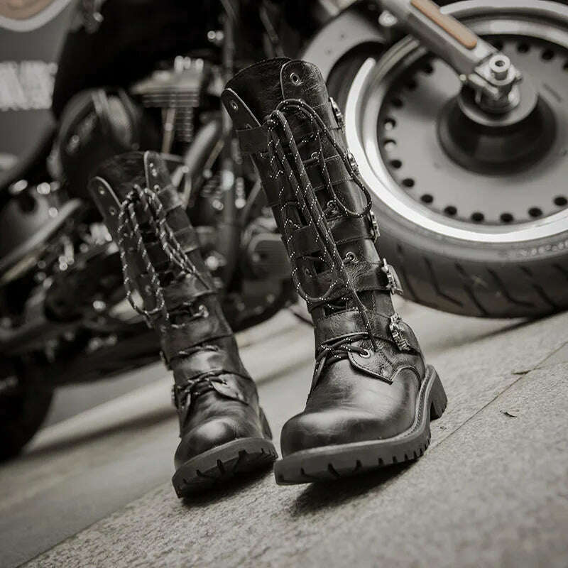 KIMLUD, 2023 new men's leather motorcycle boots military boots gothic belt punk boots men's shoes outdoor tactical military boots, KIMLUD Womens Clothes