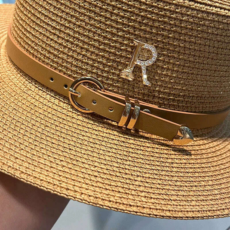 KIMLUD, 2023 New Metal R Letter Buckle Straw Hat Leisure Summer Sunscreen Hat Women's Fashionable Beach Hat Vintage Hat Church Hats, KIMLUD Womens Clothes