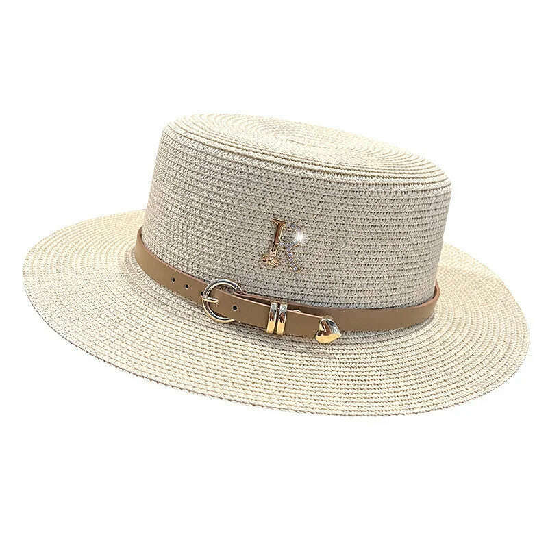 KIMLUD, 2023 New Metal R Letter Buckle Straw Hat Leisure Summer Sunscreen Hat Women's Fashionable Beach Hat Vintage Hat Church Hats, KIMLUD Womens Clothes
